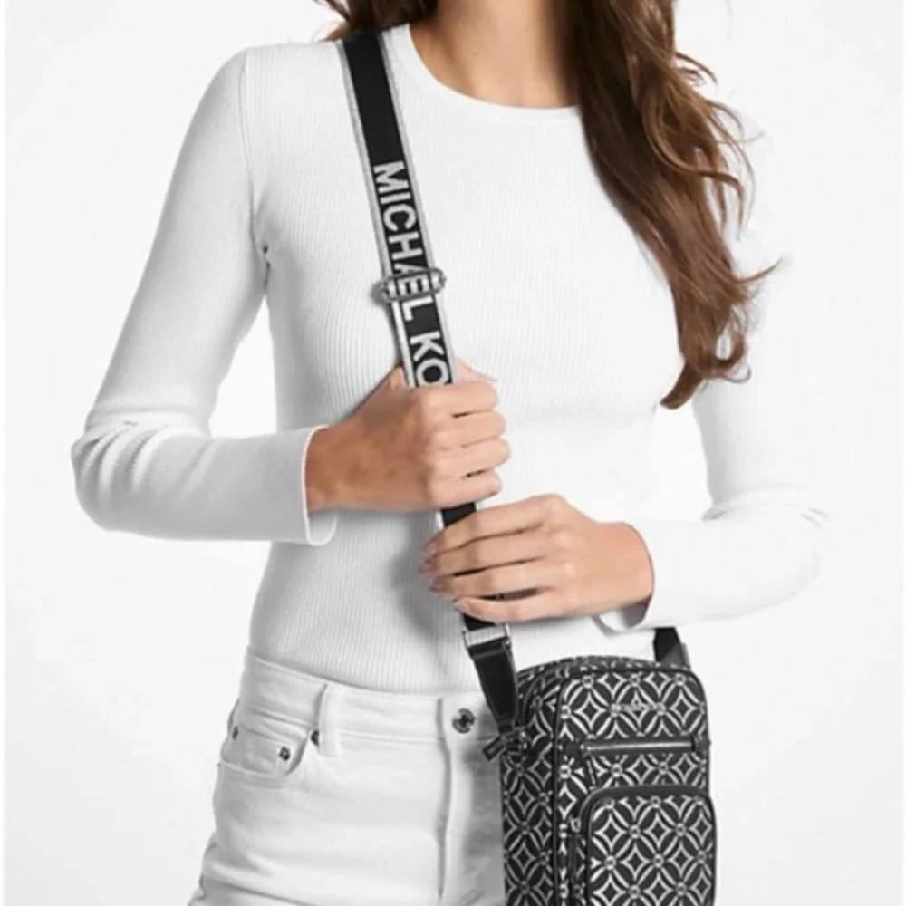 Michael Kors NWT Jet Set black and silver crossbody with guitar strap, NWT